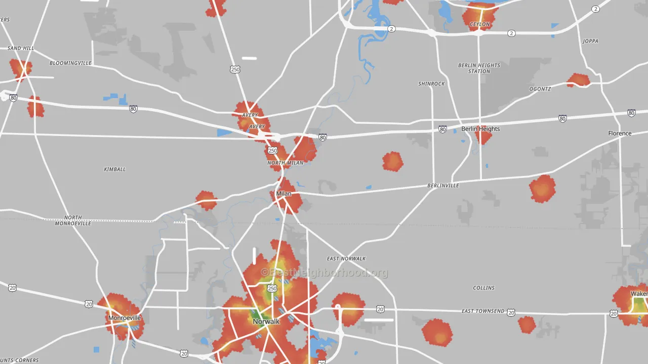 Walk Grade map of Milan, OH, walkable areas in green and car-dependent areas in red
