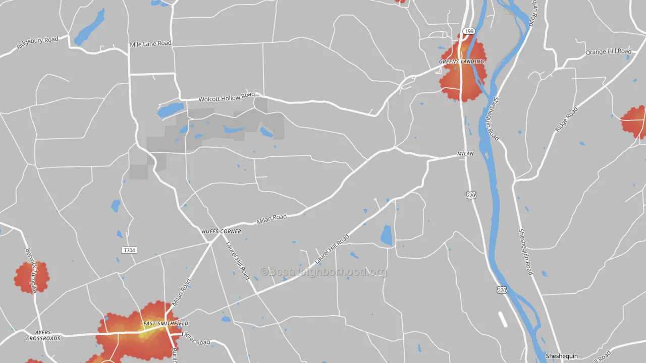 Walk Grade map of Milan, PA, walkable areas in green and car-dependent areas in red