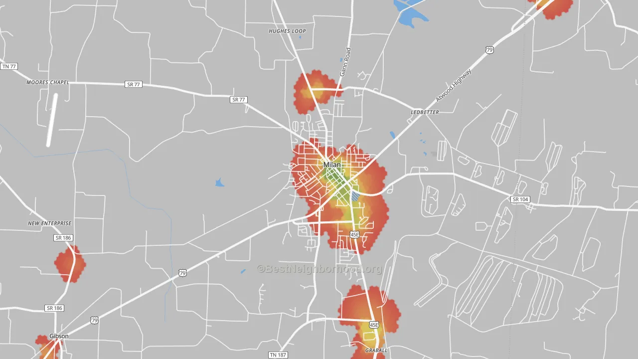 Walk Grade map of Milan, TN, walkable areas in green and car-dependent areas in red