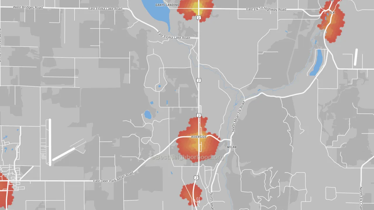 Walk Grade map of Milan, WA, walkable areas in green and car-dependent areas in red