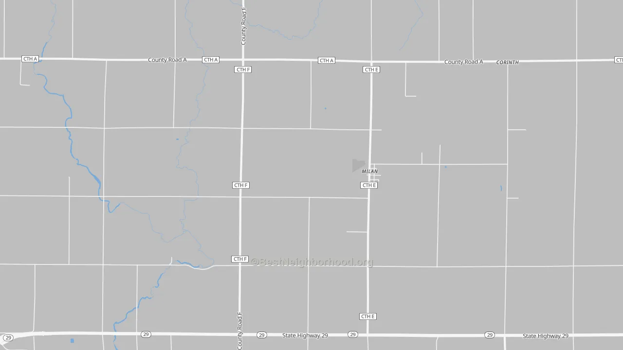 Walk Grade map of Milan, WI, walkable areas in green and car-dependent areas in red