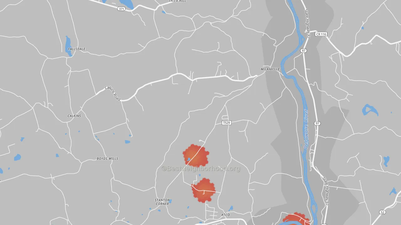 Walk Grade map of Milanville, PA, walkable areas in green and car-dependent areas in red