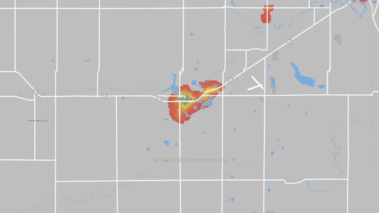 Walk Grade map of Milbank, SD, walkable areas in green and car-dependent areas in red