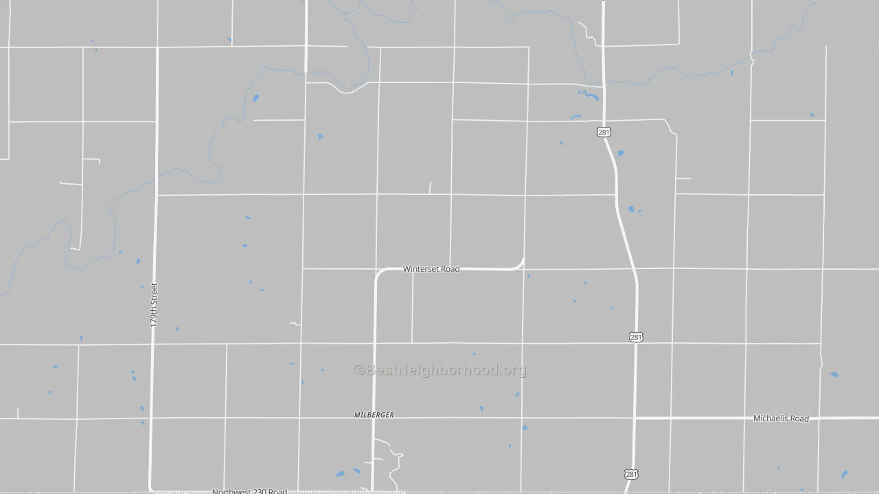 Walk Grade map of Milberger, KS, walkable areas in green and car-dependent areas in red