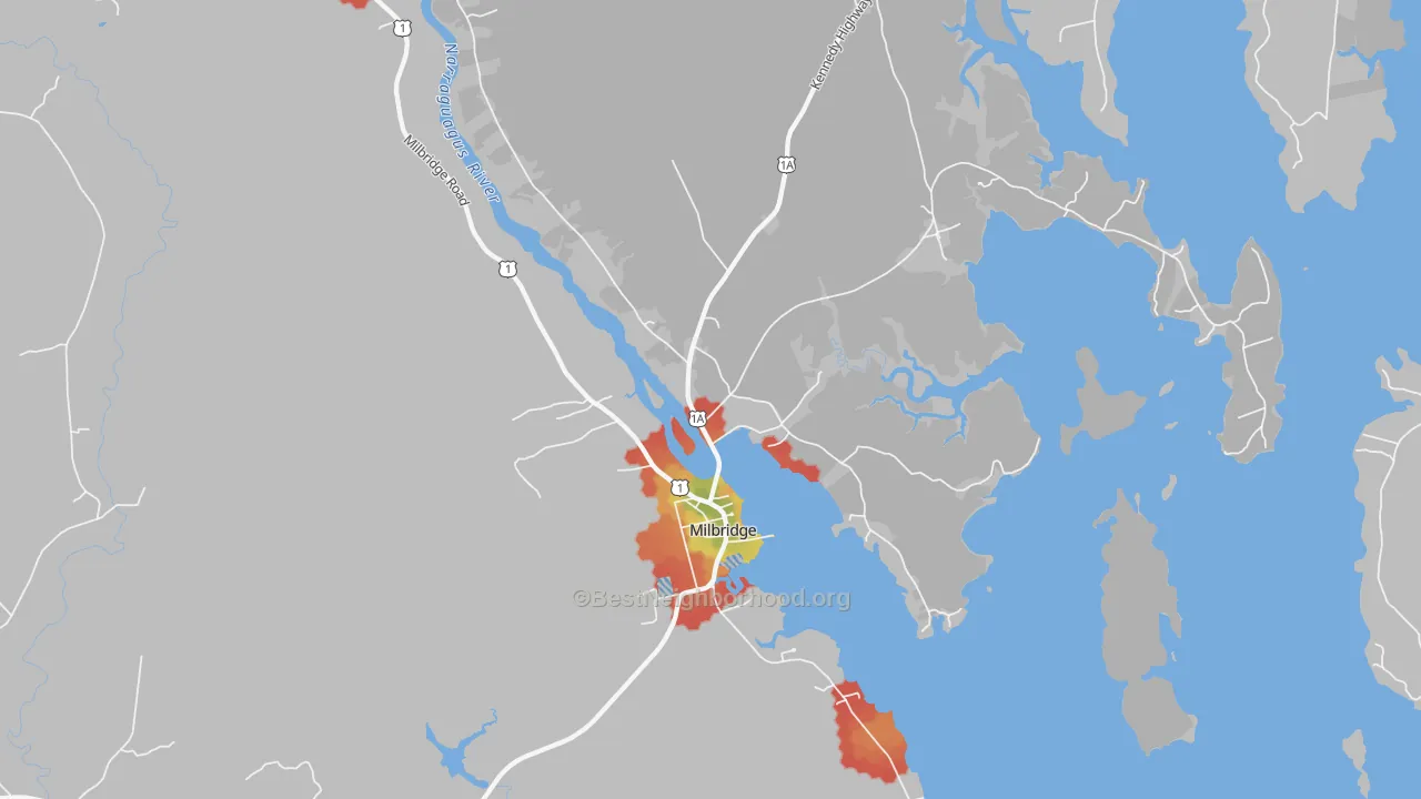 Walk Grade map of Milbridge, ME, walkable areas in green and car-dependent areas in red