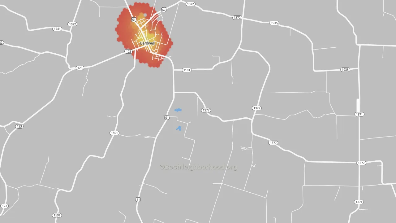Walk Grade map of Milburn, KY, walkable areas in green and car-dependent areas in red
