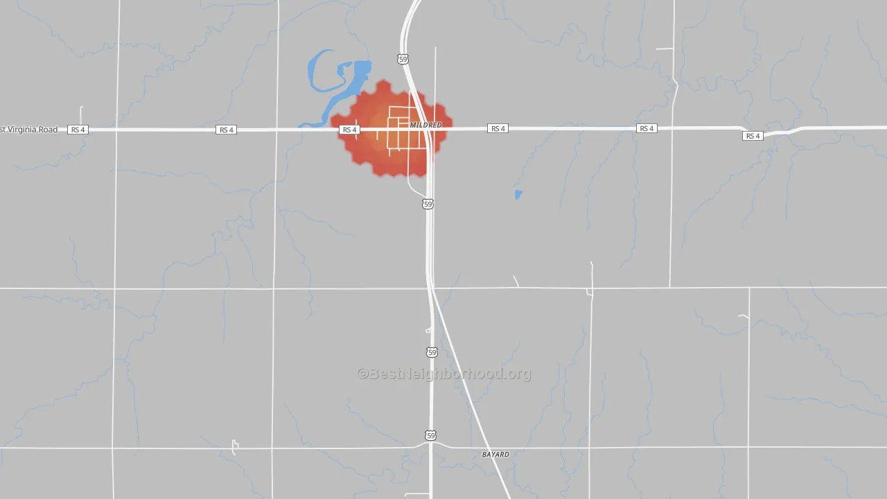 Walk Grade map of Mildred, KS, walkable areas in green and car-dependent areas in red