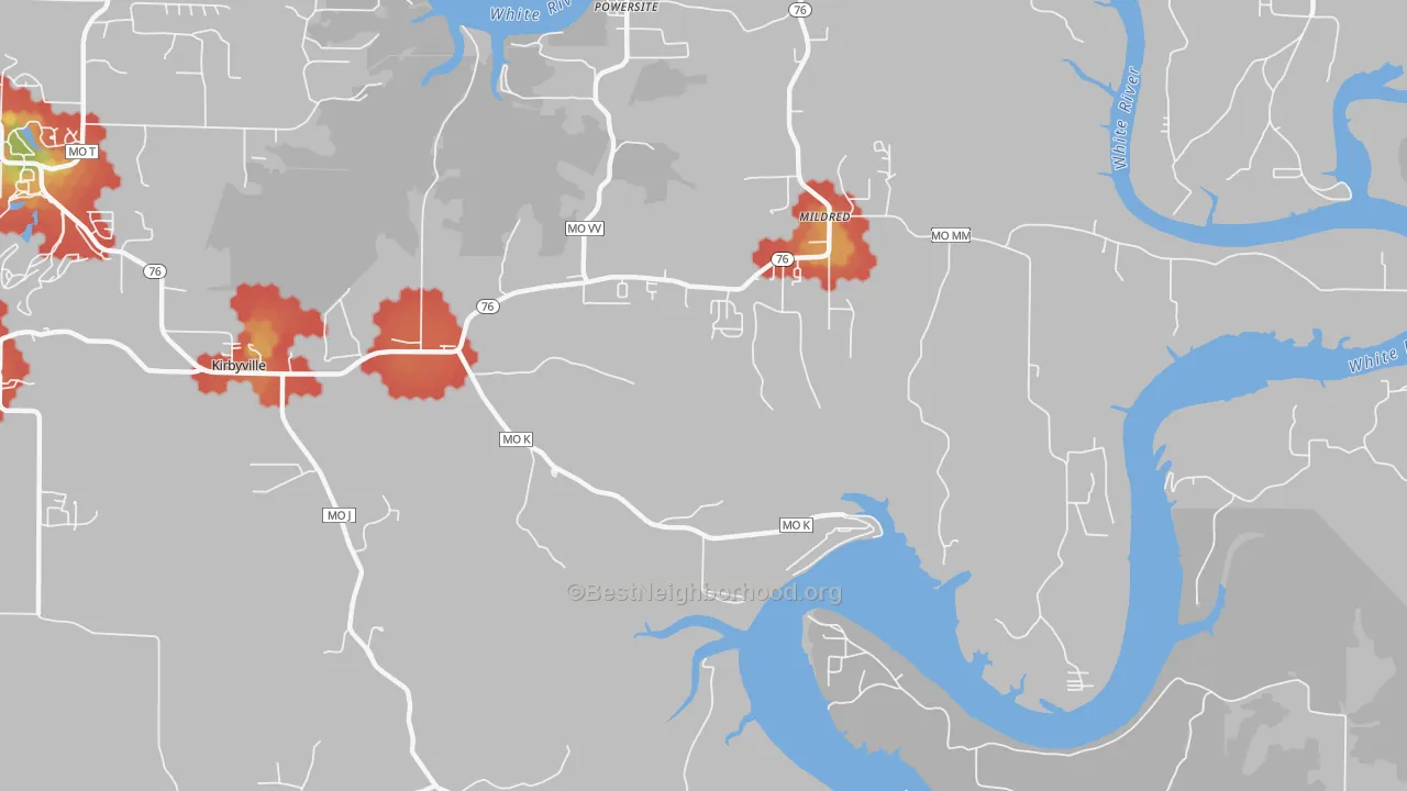 Walk Grade map of Mildred, MO, walkable areas in green and car-dependent areas in red