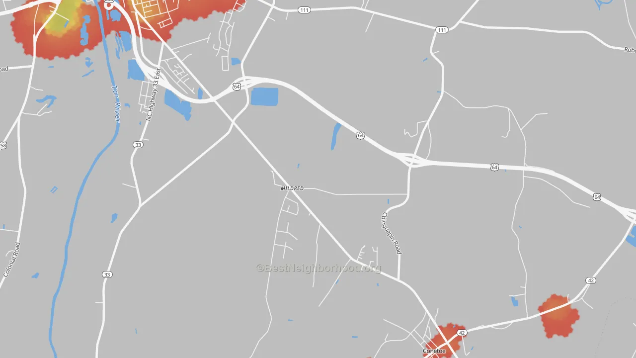Walk Grade map of Mildred, NC, walkable areas in green and car-dependent areas in red