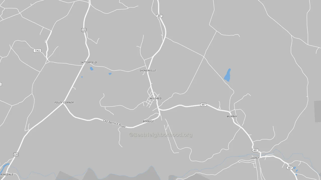 Walk Grade map of Mildred, PA, walkable areas in green and car-dependent areas in red