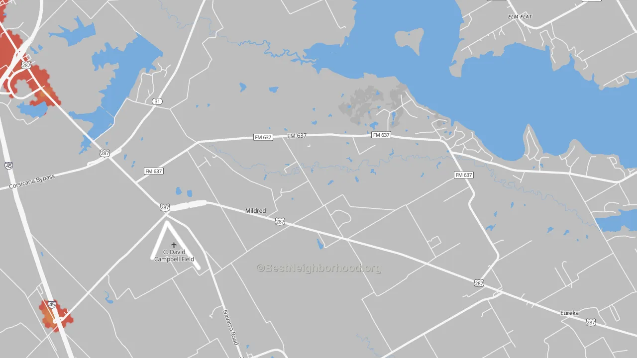 Walk Grade map of Mildred, TX, walkable areas in green and car-dependent areas in red