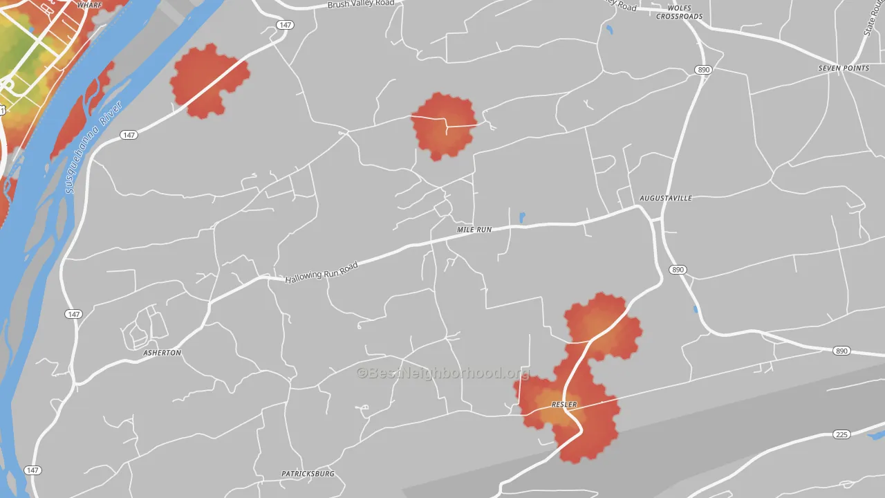 Walk Grade map of Mile Run, PA, walkable areas in green and car-dependent areas in red