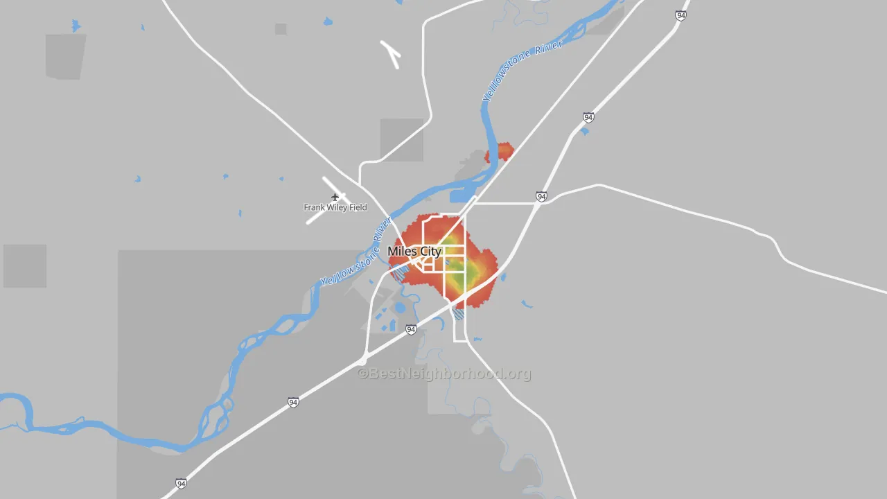 Walk Grade map of Miles City, MT, walkable areas in green and car-dependent areas in red