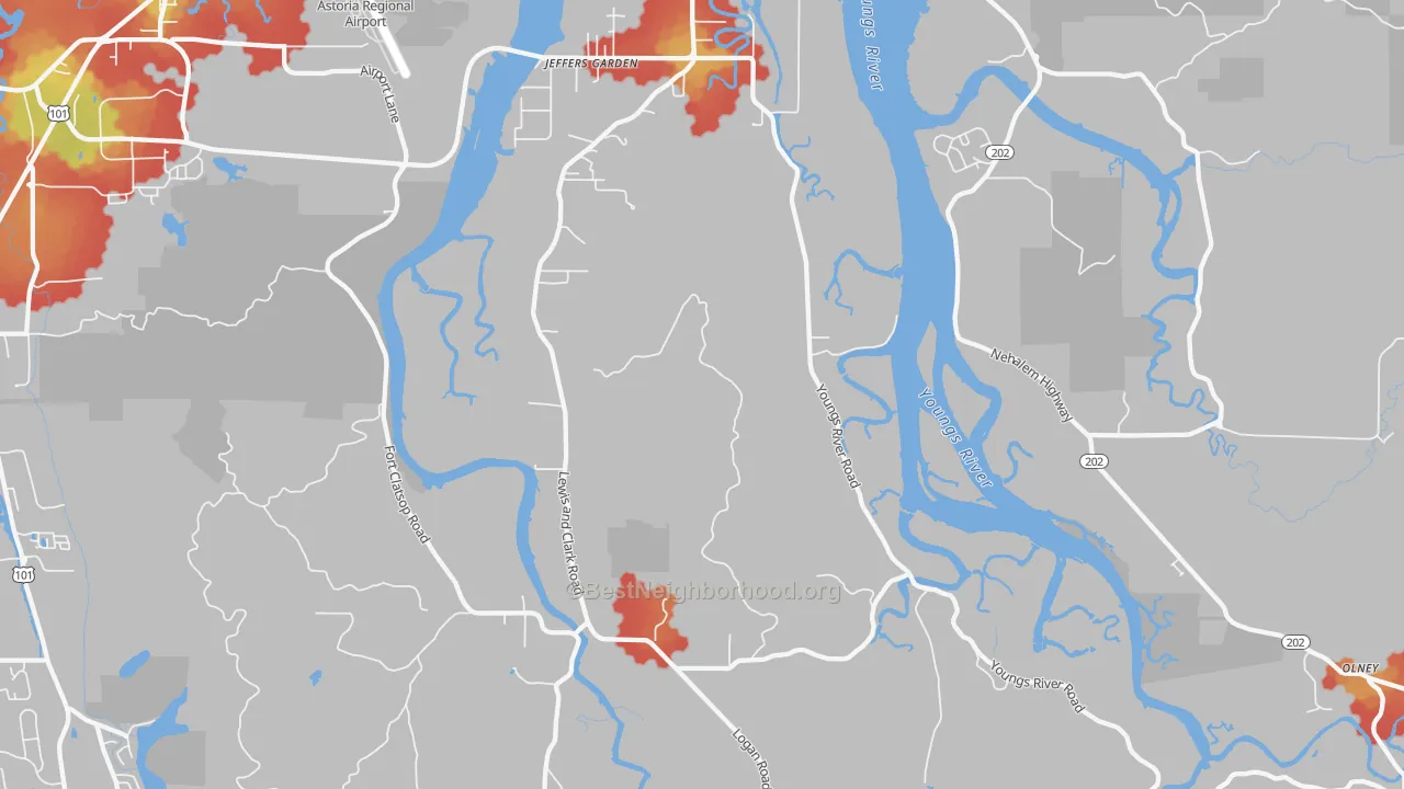 Walk Grade map of Miles Crossing, OR, walkable areas in green and car-dependent areas in red