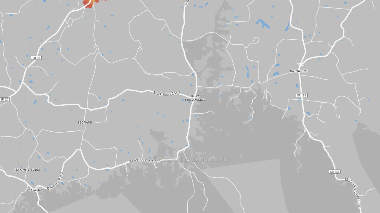 Walk Grade map of Miles Crossroads, TN, walkable areas in green and car-dependent areas in red