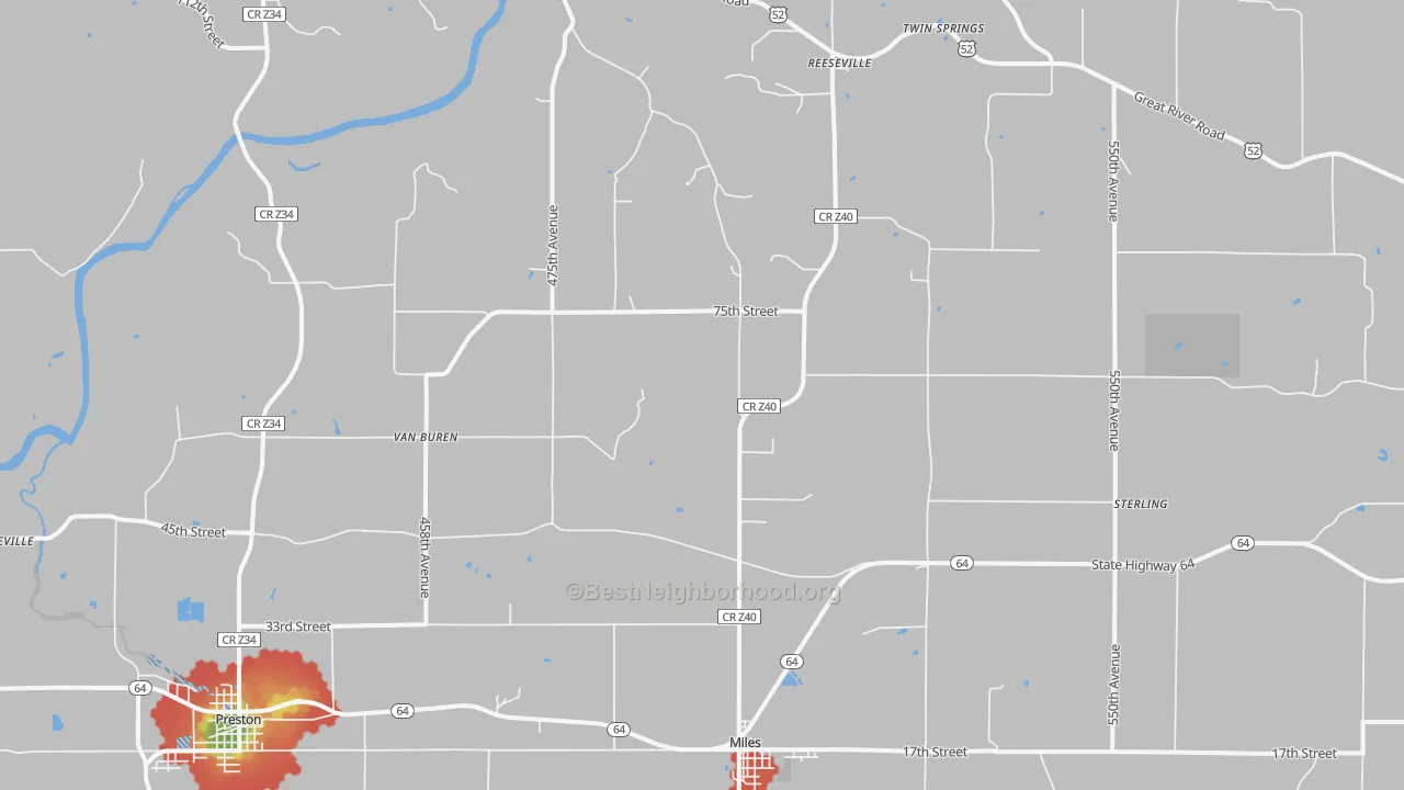 Walk Grade map of Miles, IA, walkable areas in green and car-dependent areas in red