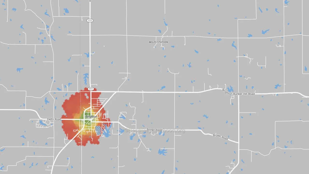 Walk Grade map of Miles Station, IL, walkable areas in green and car-dependent areas in red