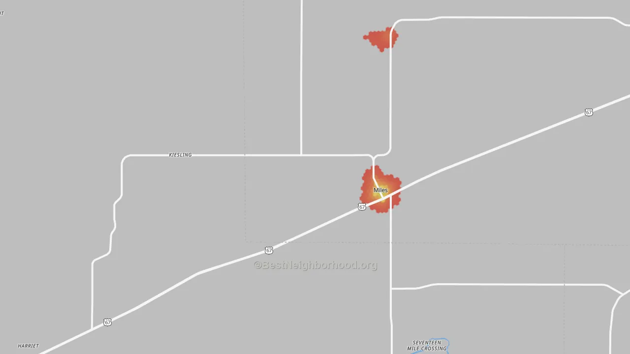 Walk Grade map of Miles, TX, walkable areas in green and car-dependent areas in red
