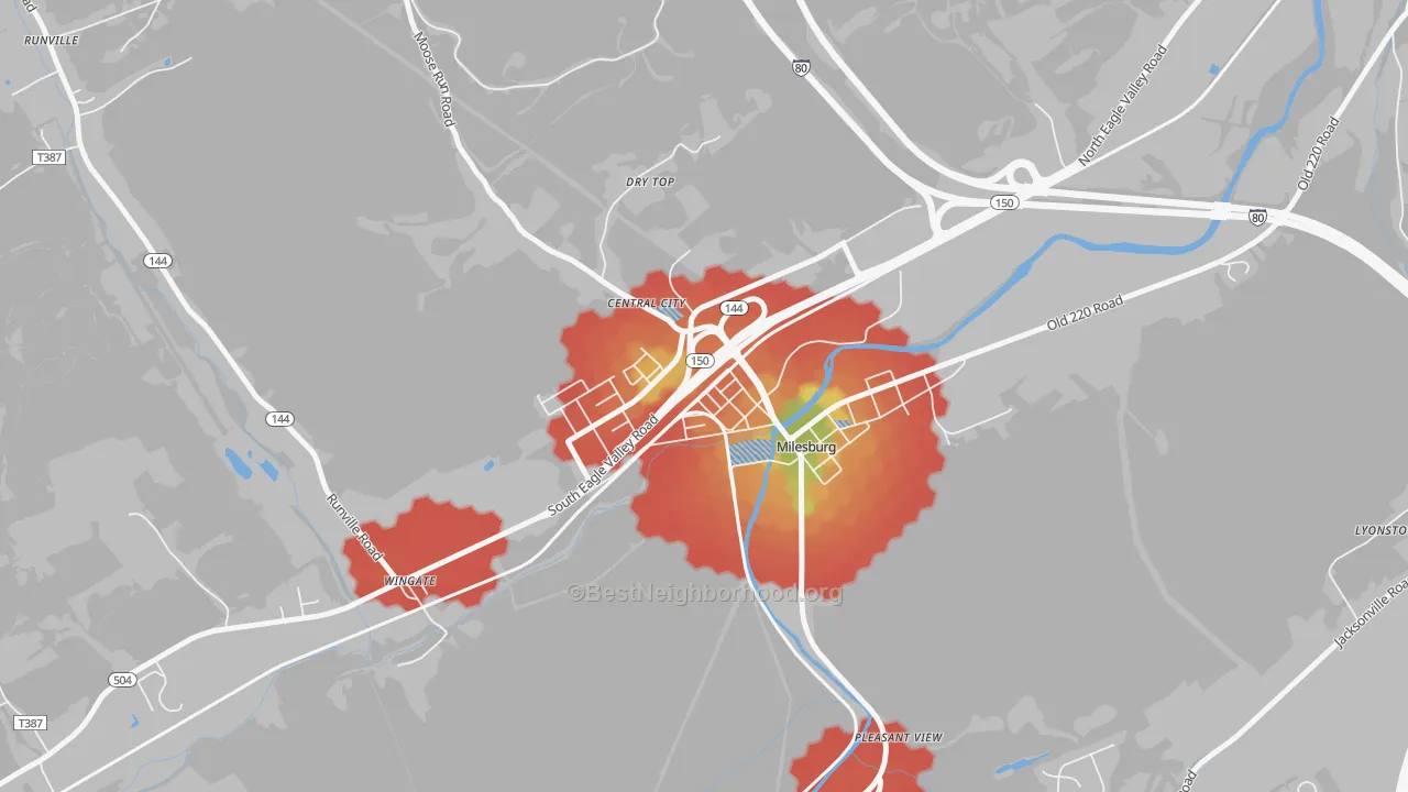 Walk Grade map of Milesburg, PA, walkable areas in green and car-dependent areas in red