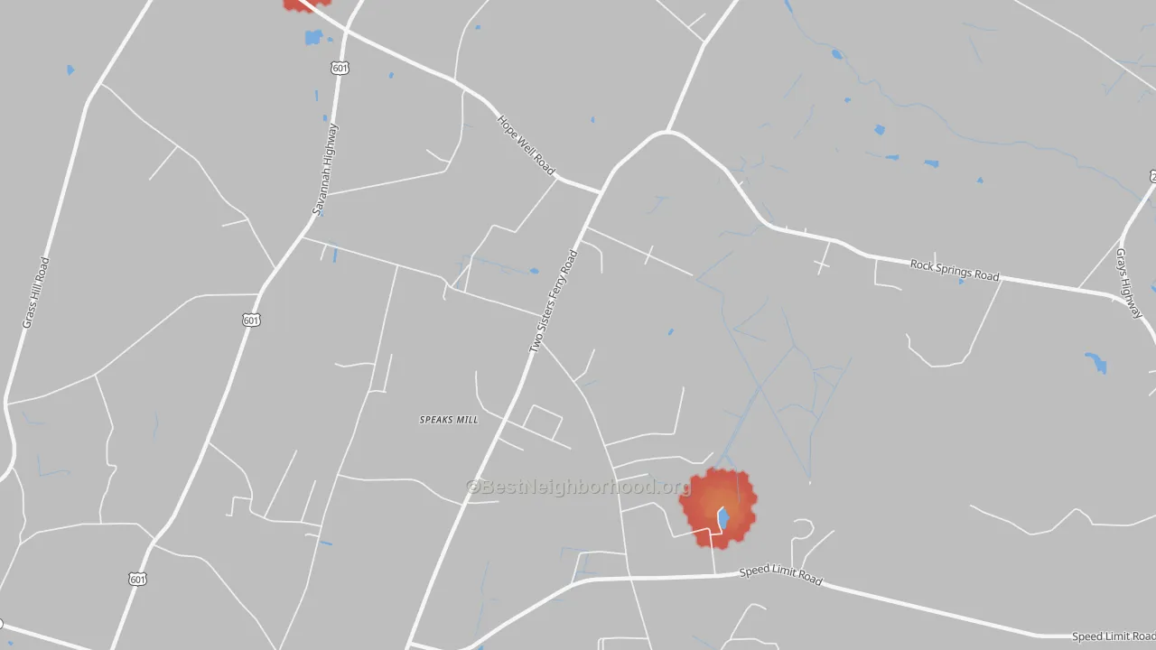 Walk Grade map of Miley, SC, walkable areas in green and car-dependent areas in red