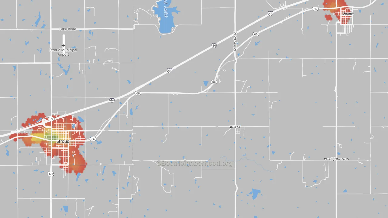 Walk Grade map of Milfay, OK, walkable areas in green and car-dependent areas in red