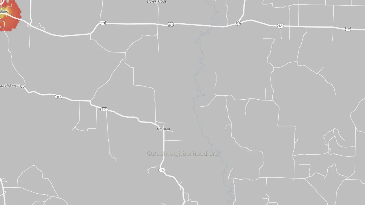 Walk Grade map of Milford, AR, walkable areas in green and car-dependent areas in red