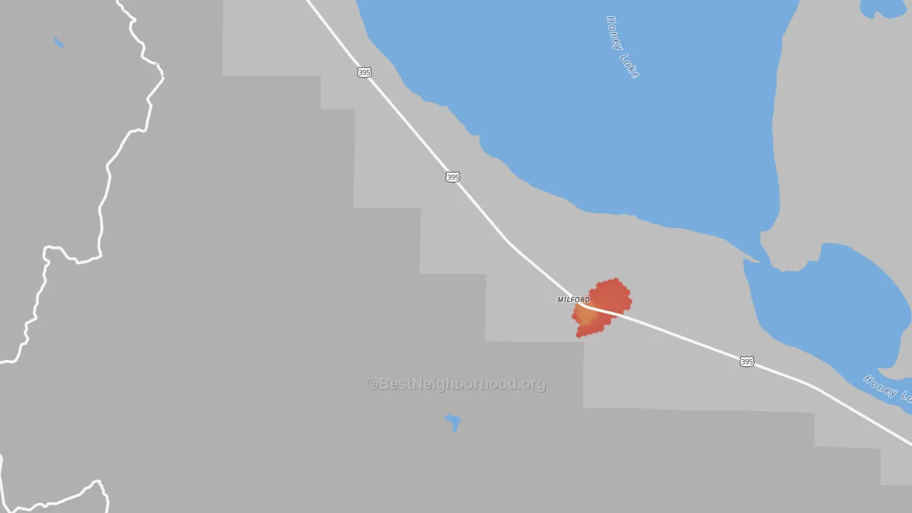 Walk Grade map of Milford, CA, walkable areas in green and car-dependent areas in red
