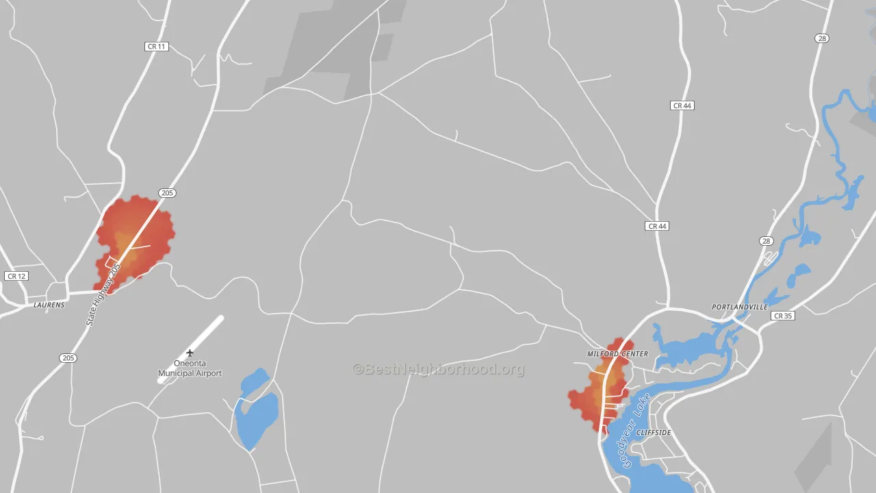 Walk Grade map of Milford Center, NY, walkable areas in green and car-dependent areas in red