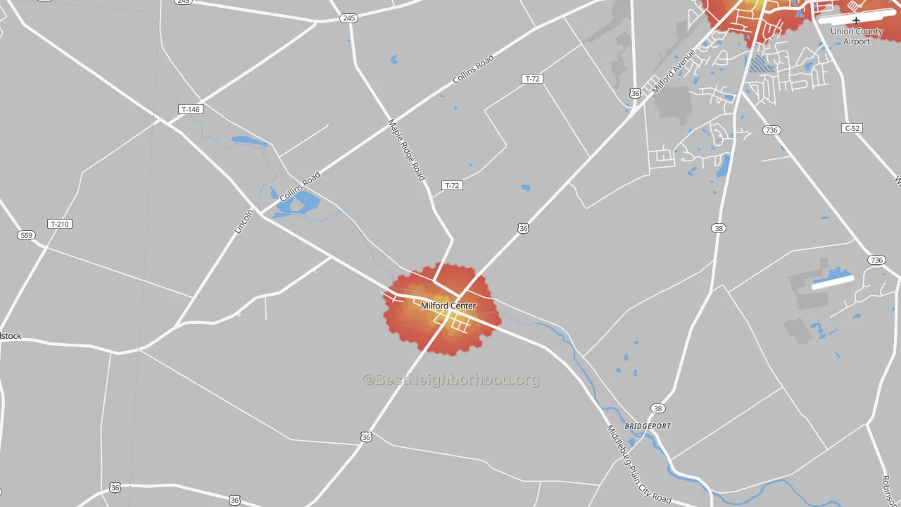 Walk Grade map of Milford Center, OH, walkable areas in green and car-dependent areas in red