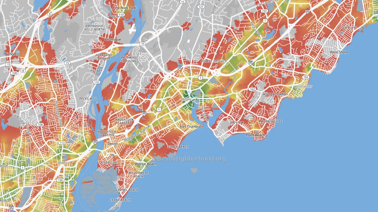 Walk Grade map of Milford, CT, walkable areas in green and car-dependent areas in red