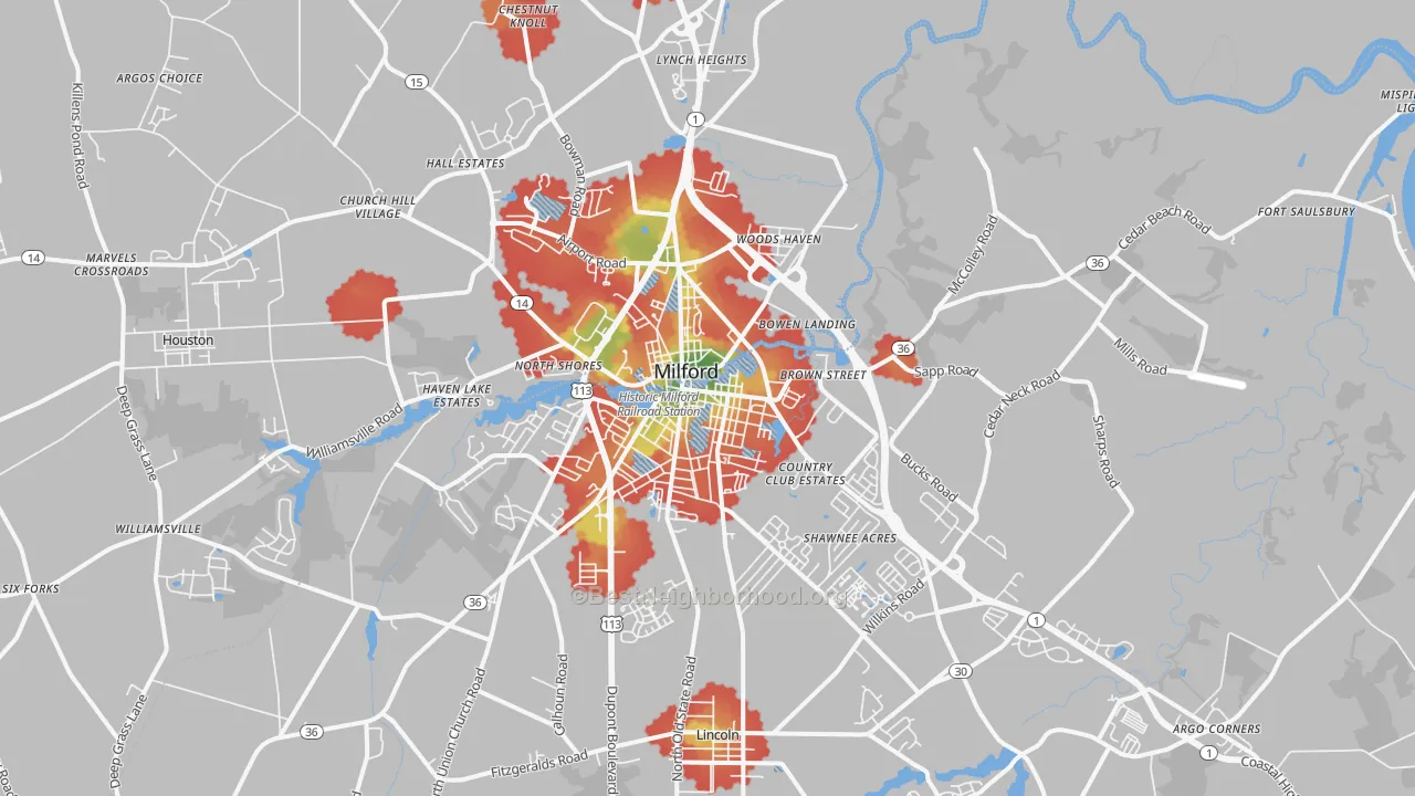 Walk Grade map of Milford, DE, walkable areas in green and car-dependent areas in red