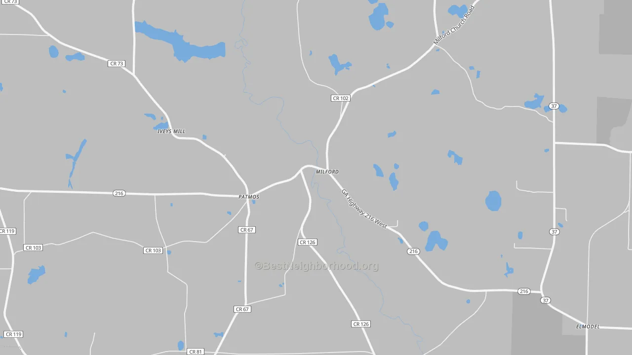 Walk Grade map of Milford, GA, walkable areas in green and car-dependent areas in red
