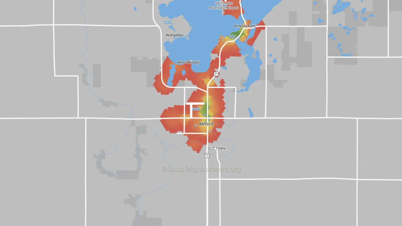 Walk Grade map of Milford, IA, walkable areas in green and car-dependent areas in red