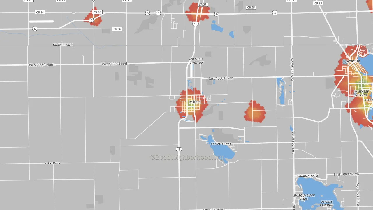 Walk Grade map of Milford, IN, walkable areas in green and car-dependent areas in red