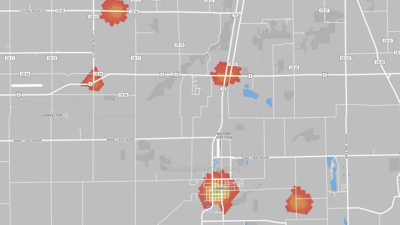 Walk Grade map of Milford Junction, IN, walkable areas in green and car-dependent areas in red