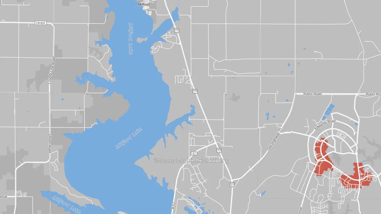 Walk Grade map of Milford, KS, walkable areas in green and car-dependent areas in red