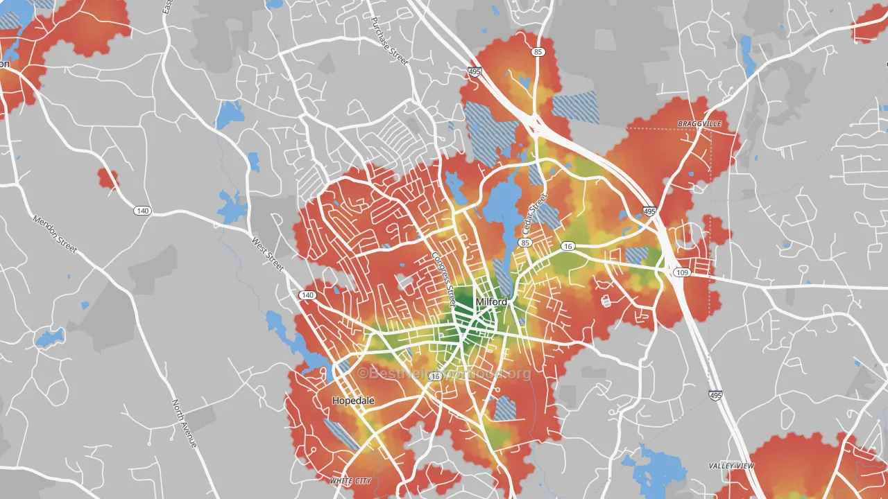 Walk Grade map of Milford, MA, walkable areas in green and car-dependent areas in red