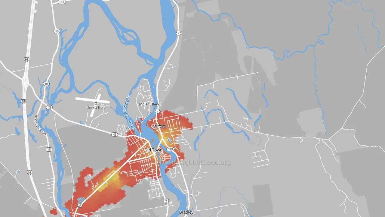 Walk Grade map of Milford, ME, walkable areas in green and car-dependent areas in red
