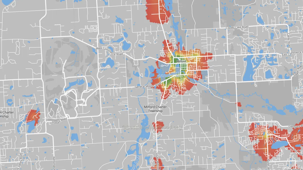 Walk Grade map of Milford, MI, walkable areas in green and car-dependent areas in red