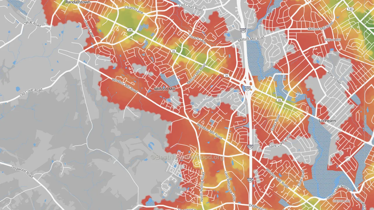 Walk Grade map of Milford Mill, MD, walkable areas in green and car-dependent areas in red