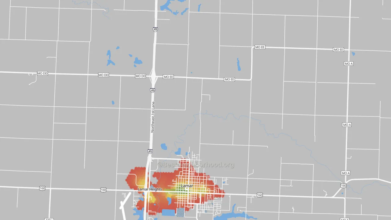 Walk Grade map of Milford, MO, walkable areas in green and car-dependent areas in red