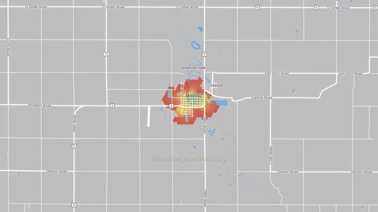 Walk Grade map of Milford, NE, walkable areas in green and car-dependent areas in red