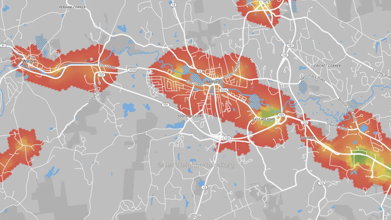 Walk Grade map of Milford, NH, walkable areas in green and car-dependent areas in red
