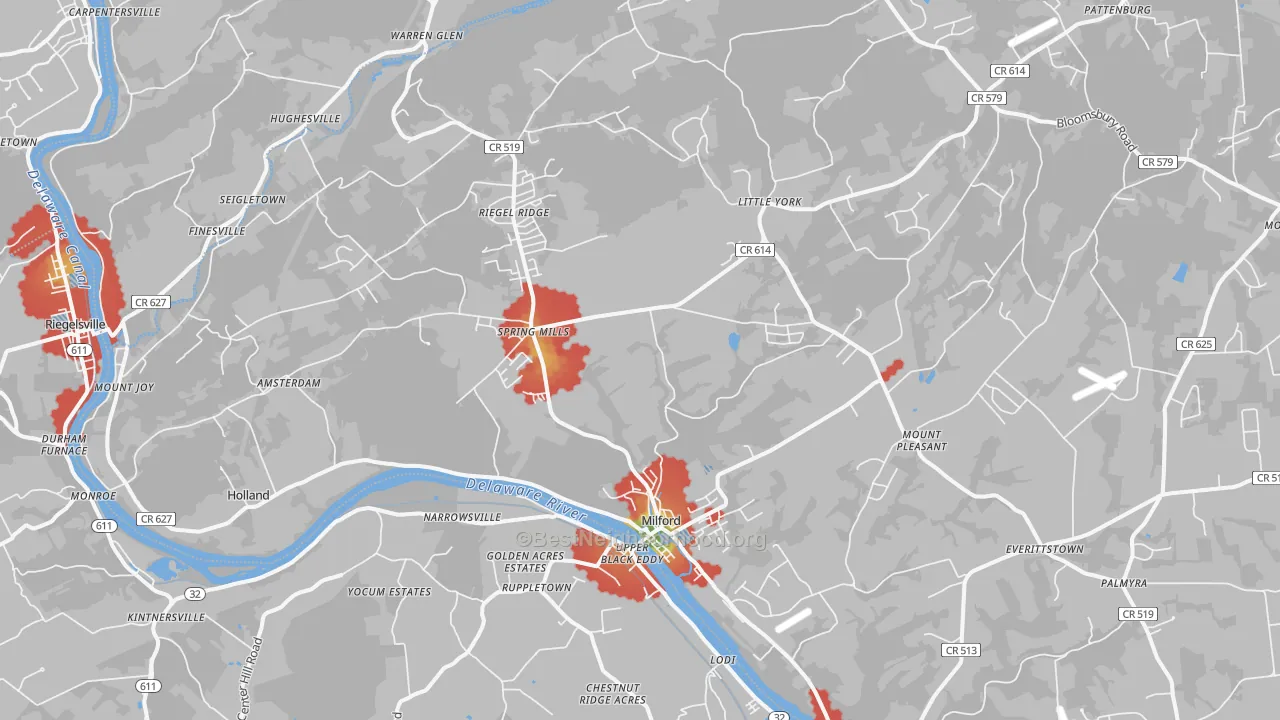 Walk Grade map of Milford, NJ, walkable areas in green and car-dependent areas in red