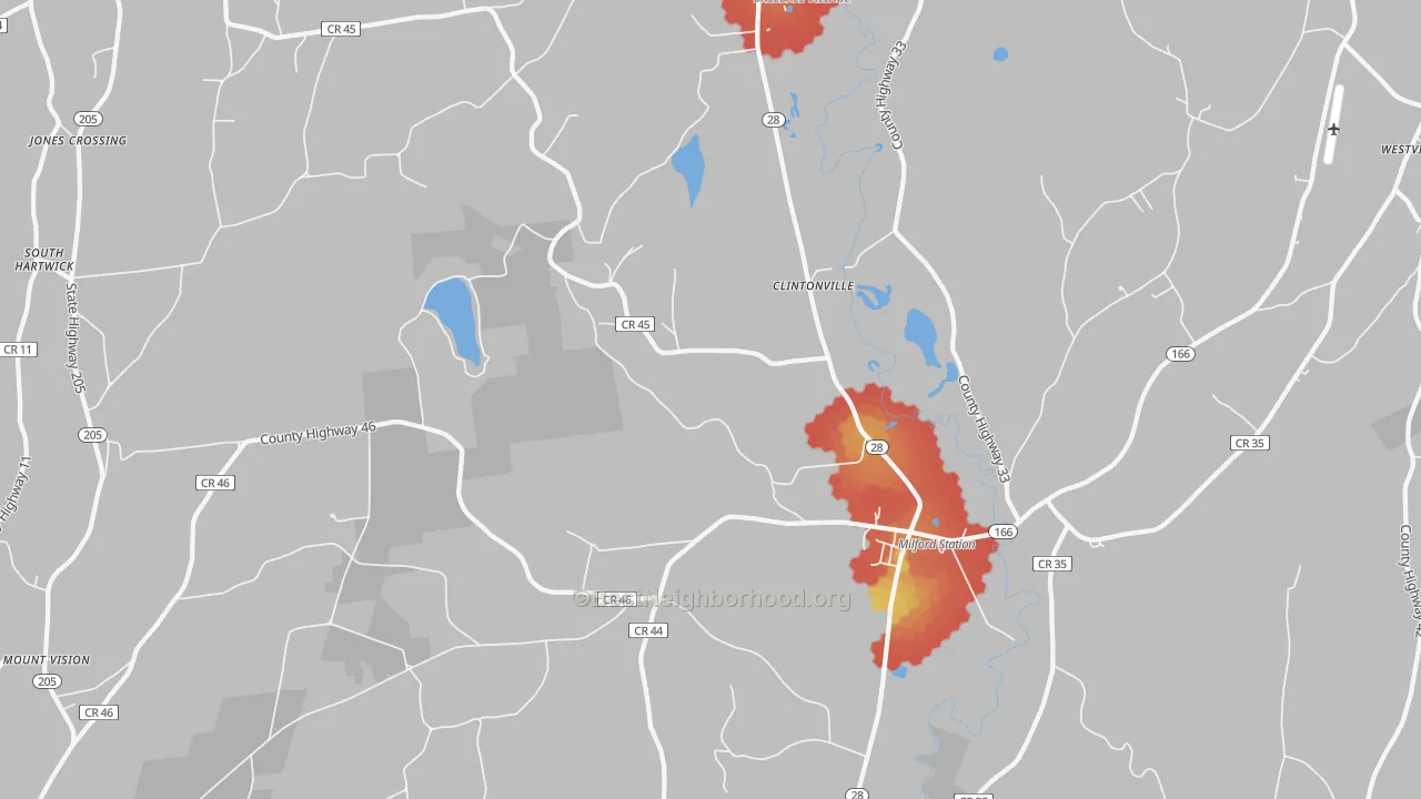 Walk Grade map of Milford, NY, walkable areas in green and car-dependent areas in red