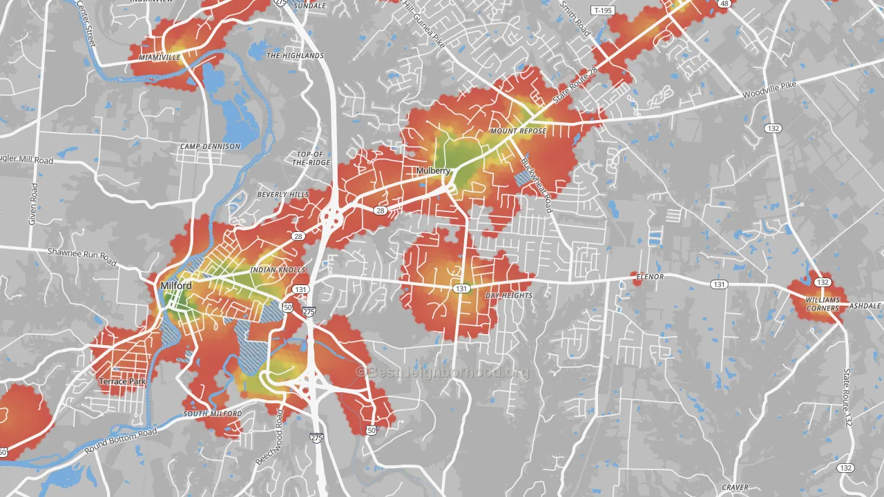 Walk Grade map of Milford, OH, walkable areas in green and car-dependent areas in red