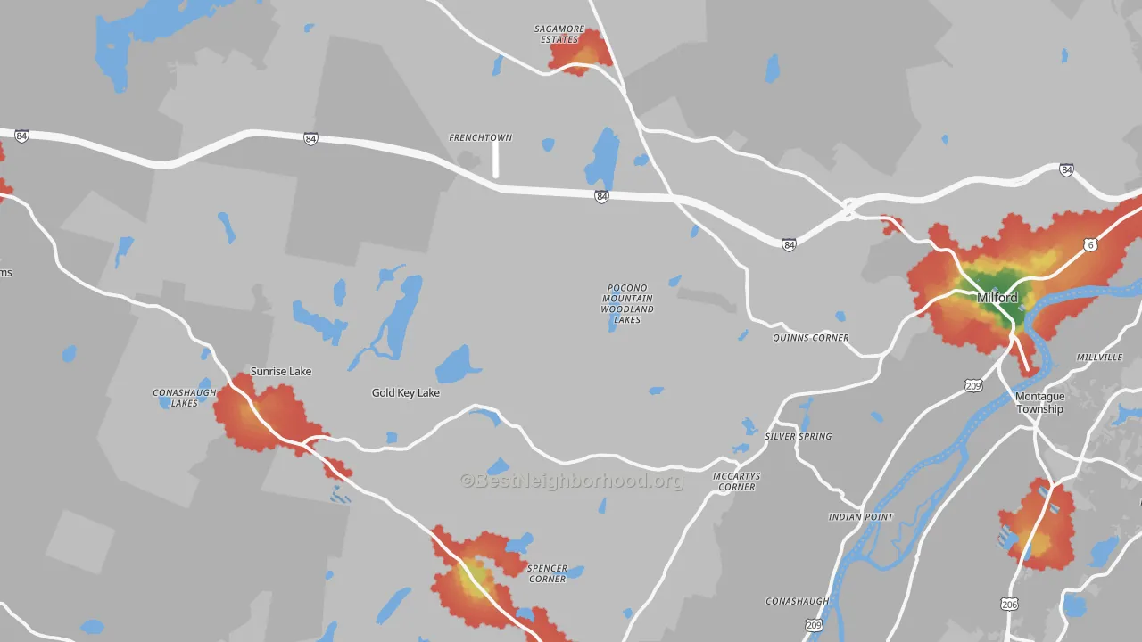 Walk Grade map of Milford, PA, walkable areas in green and car-dependent areas in red