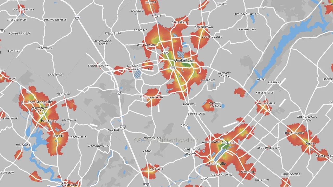 Walk Grade map of Milford Square, PA, walkable areas in green and car-dependent areas in red