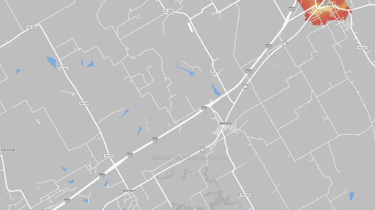 Walk Grade map of Milford, TX, walkable areas in green and car-dependent areas in red