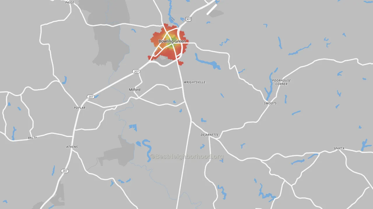 Walk Grade map of Milford, VA, walkable areas in green and car-dependent areas in red